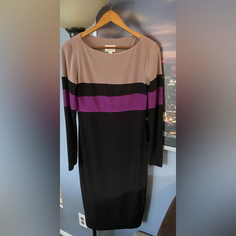 Vtg 90s Donna Morgan Three Color Stripe Dress Womens Sz 4 Black Purple Tan Macys